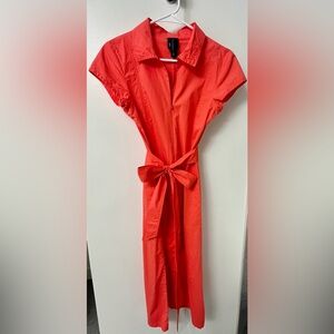 Bright Coral Cap Sleeve Zip Front Dress w/ Belt Tie – Summer Midi